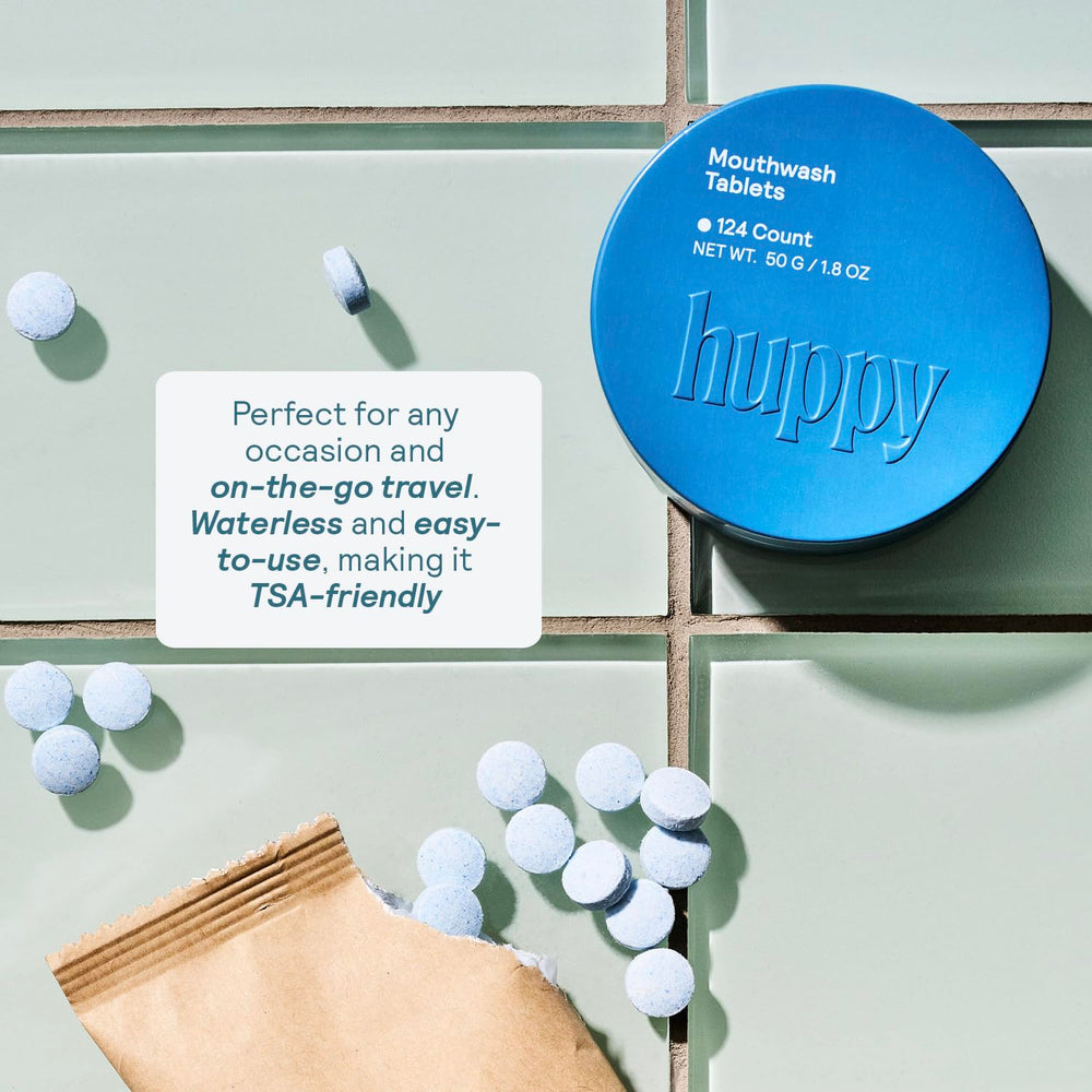 Travel-friendly tin design for Huppy Mouthwash Tablets