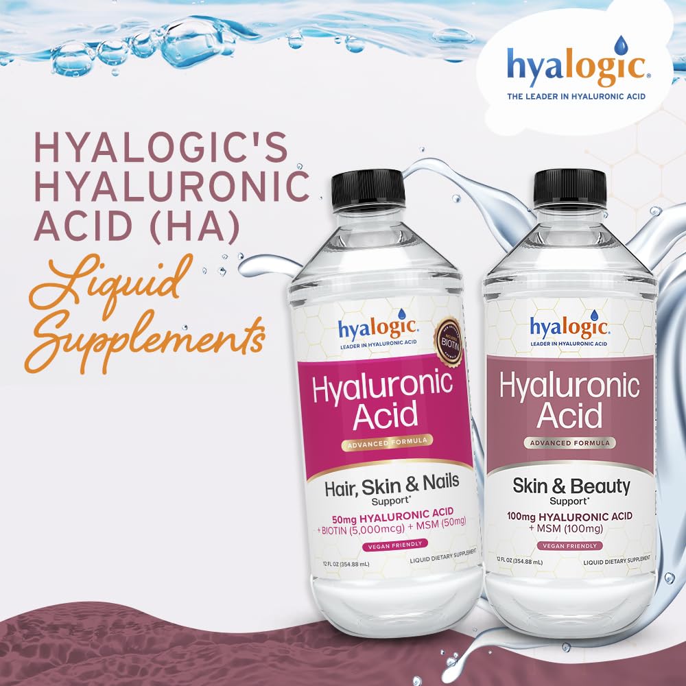 Close-up of Hyalogic 12 oz bottle of HA supplement