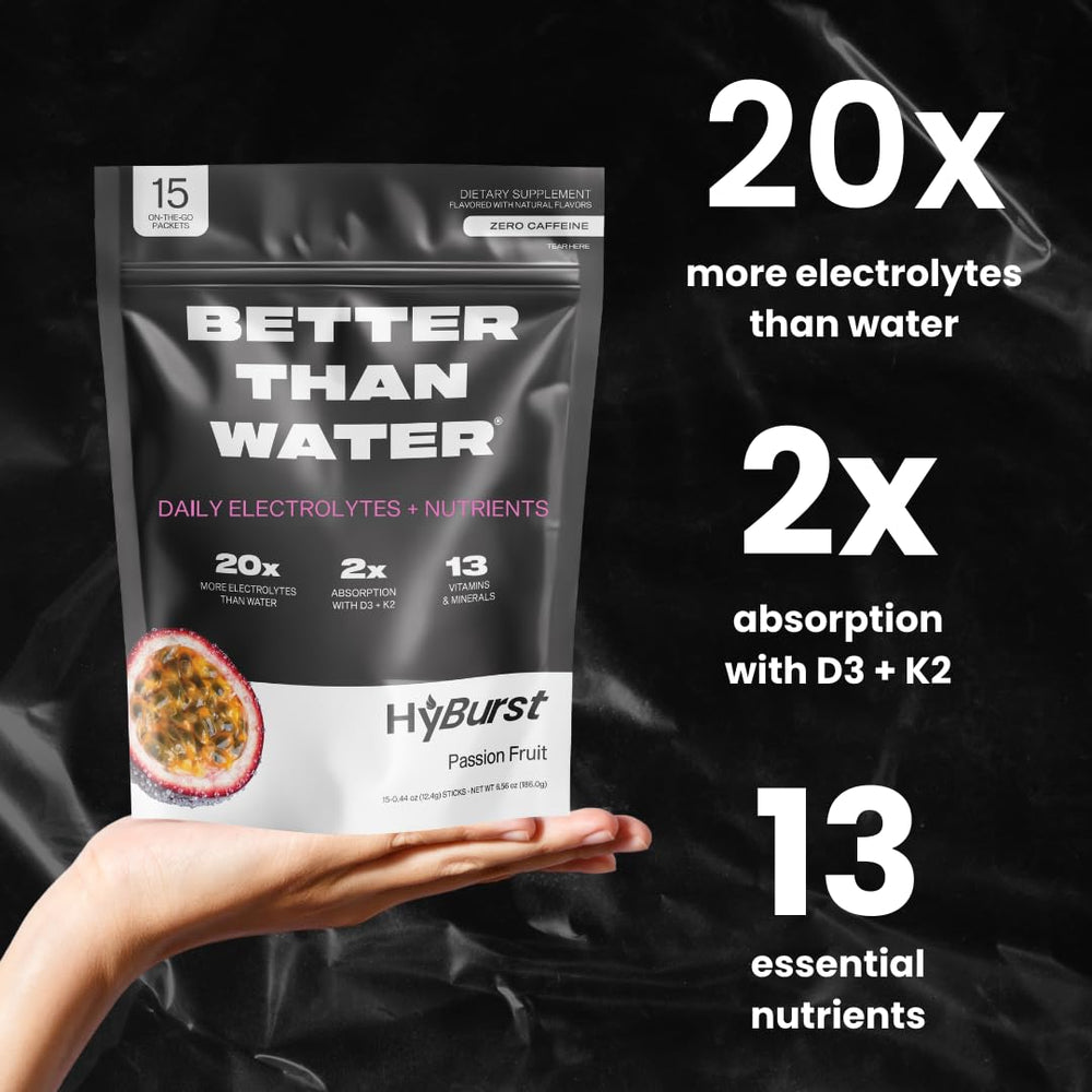 Hyburst electrolyte powder close-up highlighting low-sugar hydration formula