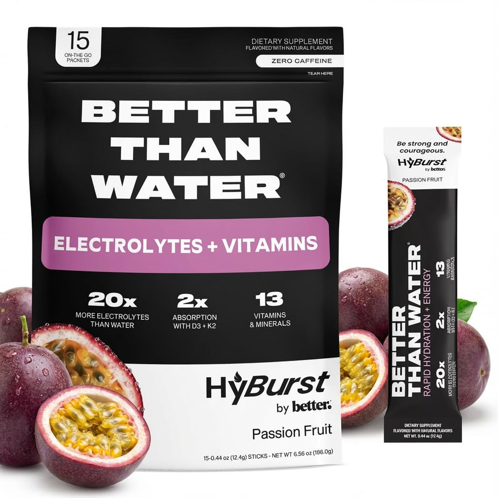 Hyburst electrolyte powder tub front shows passion fruit flavor for refreshing hydration