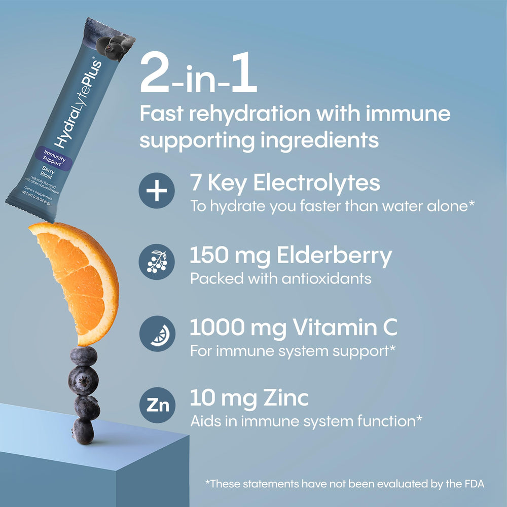 Hydralyte berry flavor powder packet: tasty, fast-dissolving hydration with berry flavor.