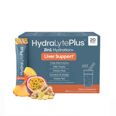 Hydralyte Liver Support + Electrolyte Mix Peach Passion Ginger box and packets