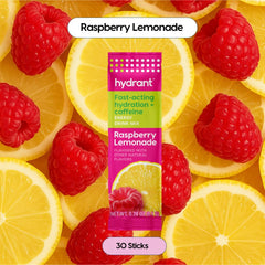 Hydrant Raspberry Lemonade electrolyte stick packs arranged on white