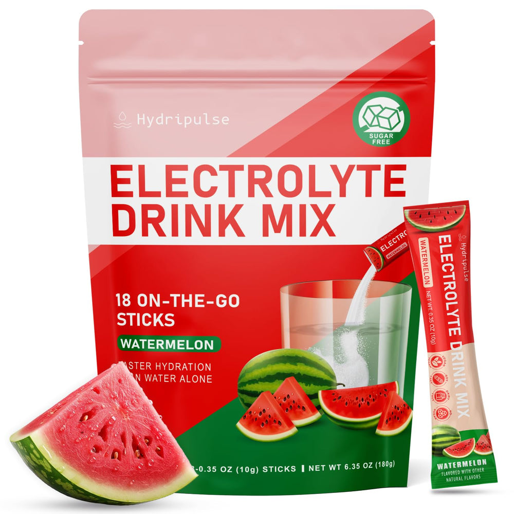 HydriPulse watermelon powder packet closeup showing on-the-go hydration