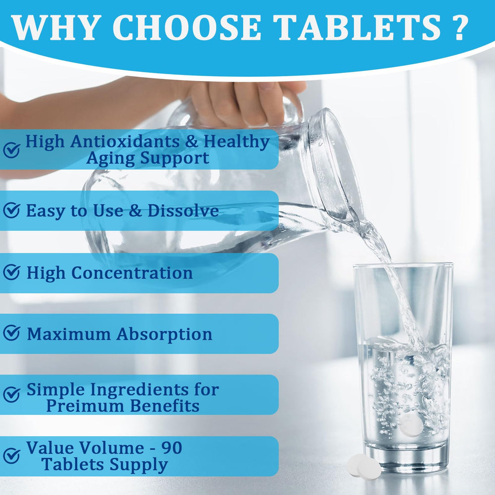 Hydrogen Water Tablet dissolving in a 16 oz glass of water