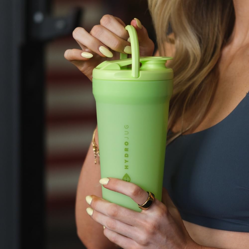 Close-up of Hydrojug 20 oz noiseless shaker bottle with Honeydew finish