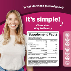 Bottle of hair, skin and nails gummies containing collagen and biotin