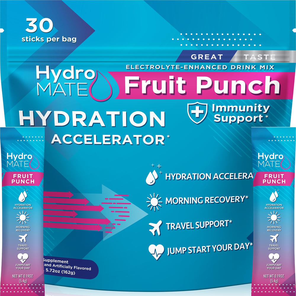 HydroMATE Fruit Punch electrolyte powder packets – 30-count front view