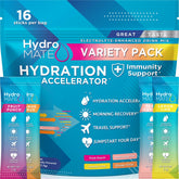 Front view of HydroMATE Electrolyte Powder Variety Pack (16 count)