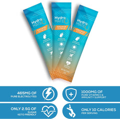 HydroMATE electrolytes orange packets in travel-size moisture-proof pouch for portability
