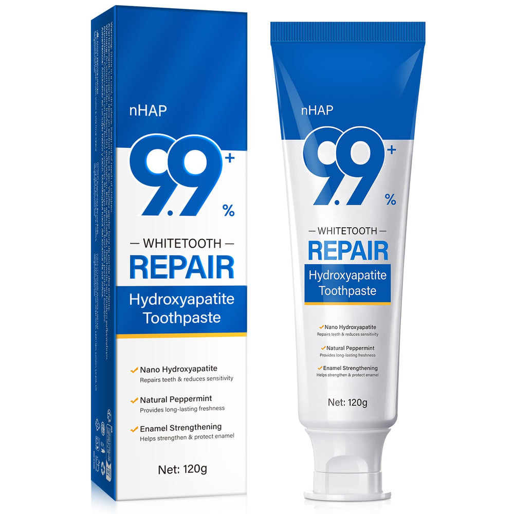 Tube of hydroxyapatite toothpaste labeled 9.9% for enamel protection