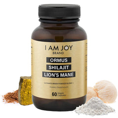 Front view of I Am Joy Co. Ormus Shilajit Lion's Mane Ultimate Brain Power bottle