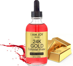 I Am Joy Colloidal Gold 24K 99.99% pure in a 4oz ruby red glass bottle