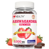 Front of I Love Health Ashwagandha Gummies bottle showing 3000mg stress and sleep support