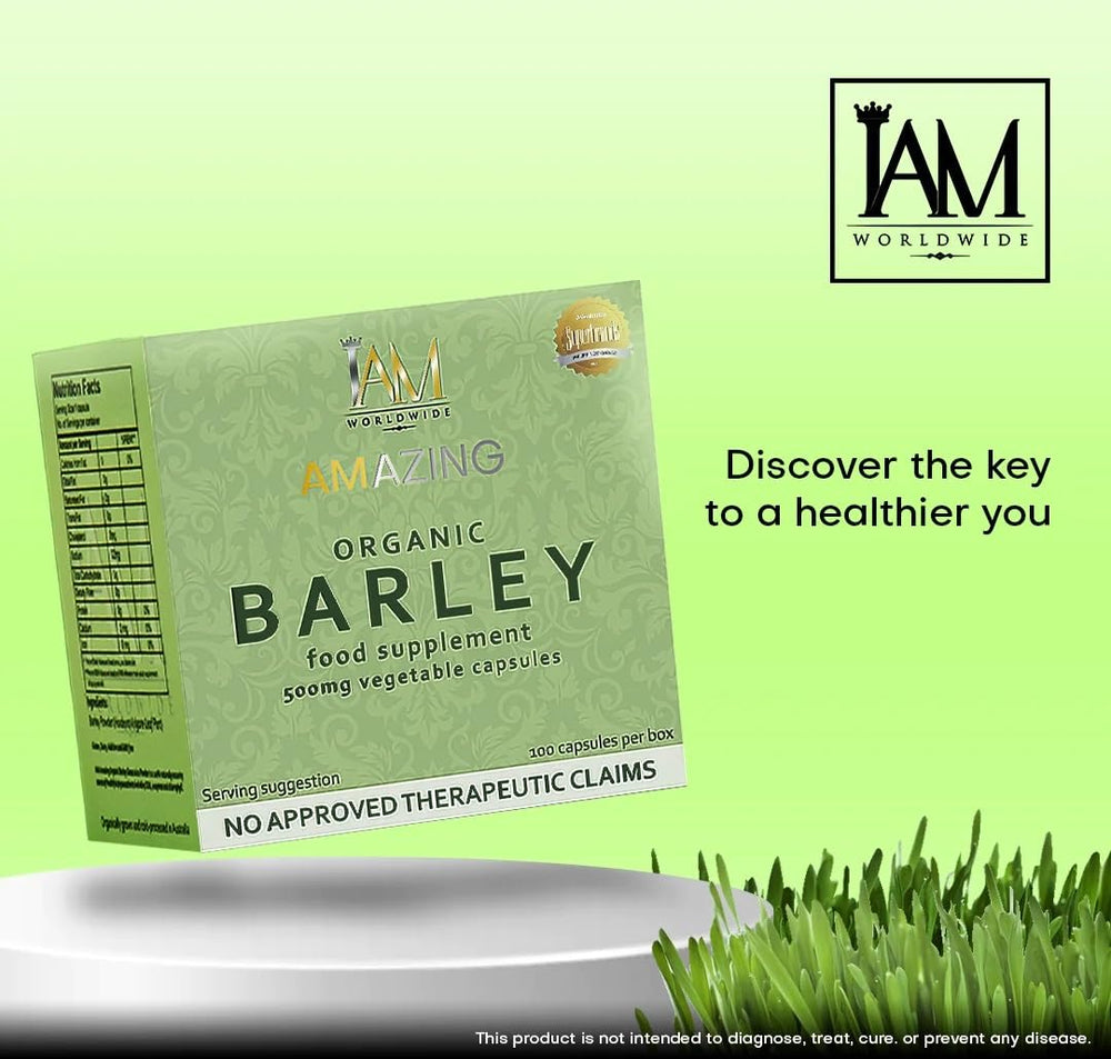 Front packaging of IAM Worldwide Organic Barley Capsule