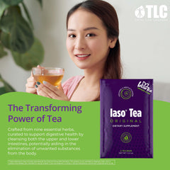 IASO Iaso Brewed Tea label highlights Senna Leaf, Papaya, and Chamomile ingredients