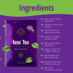 IASO Iaso Brewed Tea label highlights Senna Leaf, Papaya, and Chamomile ingredients