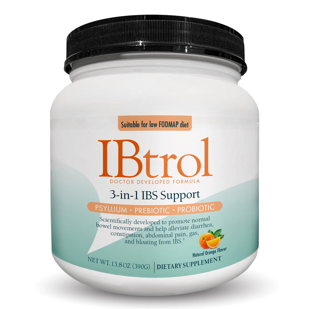 IBtrol bottle with 3-in-1 IBS gut health ingredients: psyllium, prebiotic, probiotic