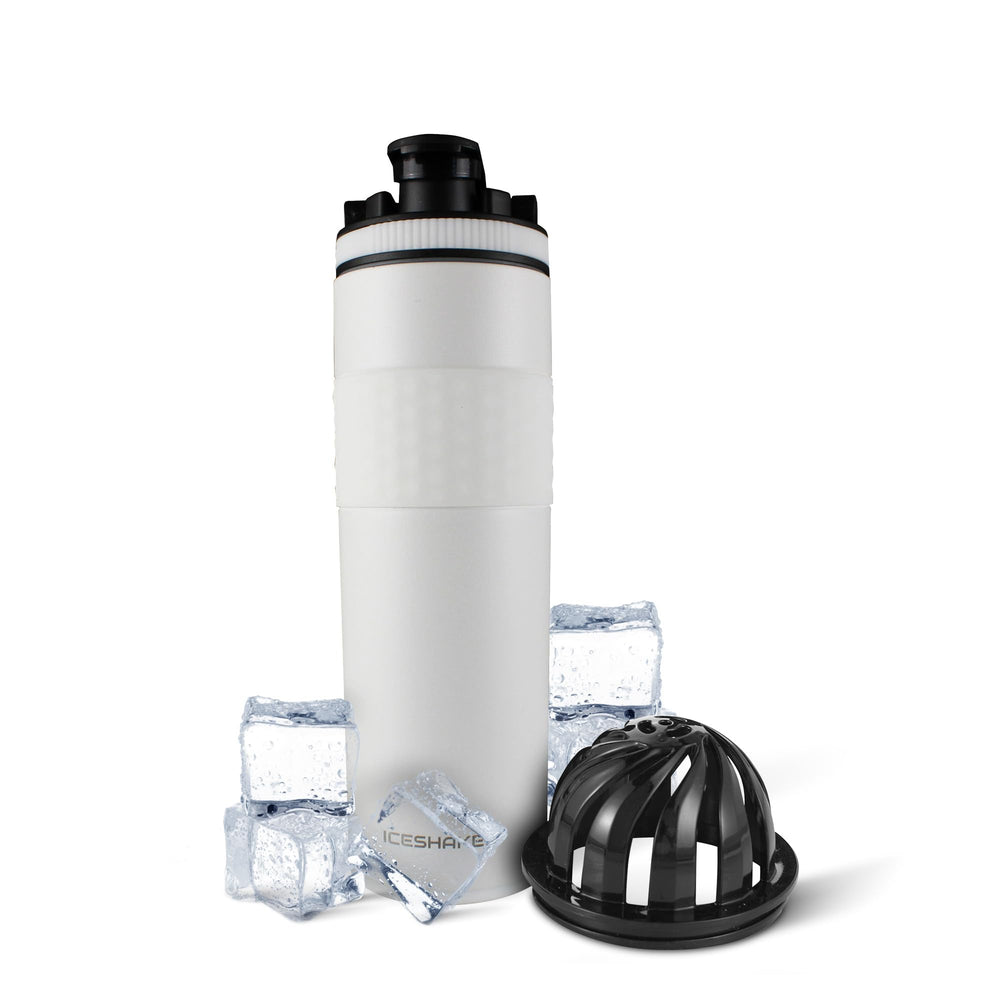 Ice Shaker 20 oz insulated bottle in white – front view