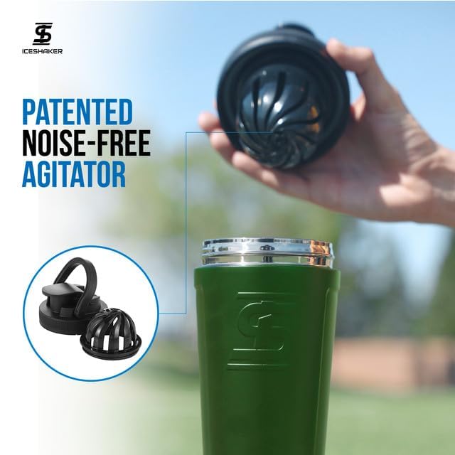 Ice Shaker 26oz Green bottle on gym bench shows rugged durability for workouts