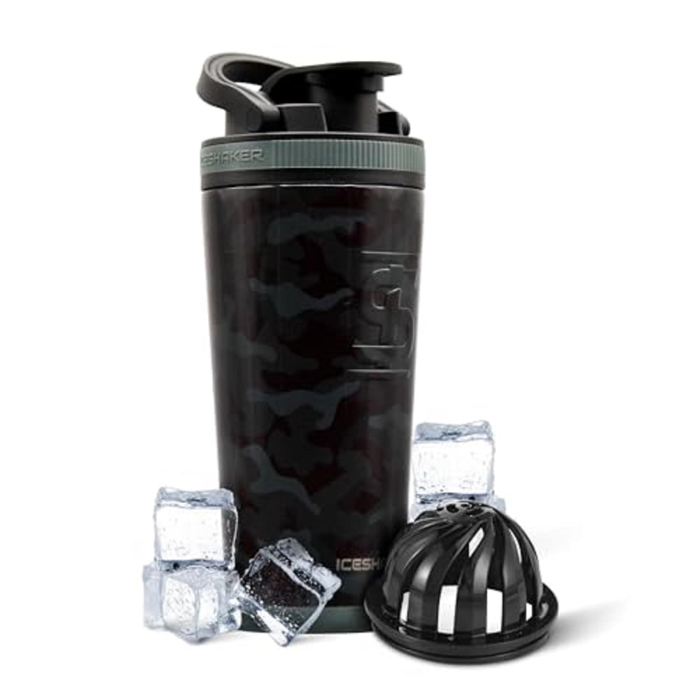 Ice Shaker 26oz insulated stainless bottle in black camo - front view