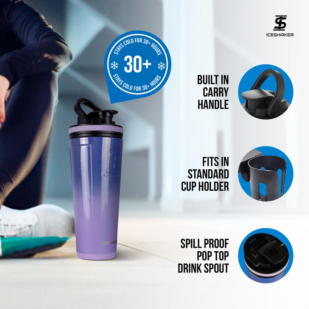 Ice Shaker 26oz Lilac Dreaming bottle resting in a cup holder for easy transport.