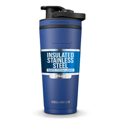 Ice Shaker 26oz navy bottle with double-wall insulation keeps drinks cold for up to 30 hours.