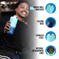 Ice Shaker 26oz Navy Mint double-wall insulation keeps drinks cold for 30+ hours.