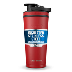 Ice Shaker bottle front view in red and black for easy grab-and-go hydration.