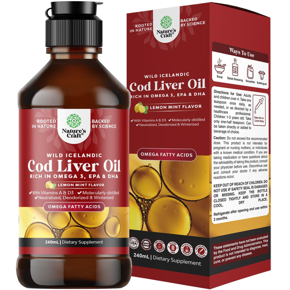 Icelandic wild-caught cod liver oil liquid bottle, 240 ml