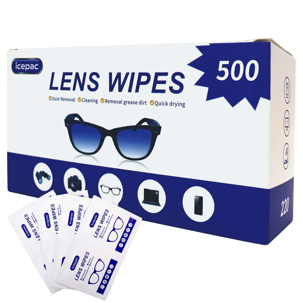 Icepac Lens Wipes 500-pack in individual wrappers viewed front-on