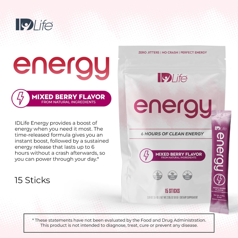 IDLife Energy bag packaging showing 15 sticks for on the go energy.