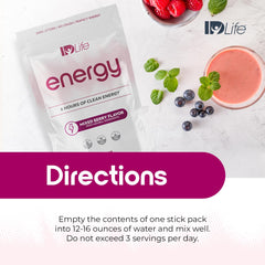 IDLife Energy orange flavor sample beside water bottle.