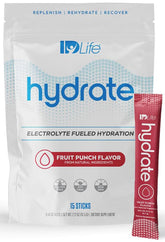 Front view of IDLife Fruit Punch Hydrate box with 15 sticks