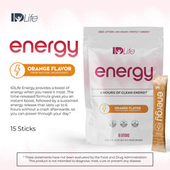IDLife Orange Energy Drink pour highlights instant lift and flavor.