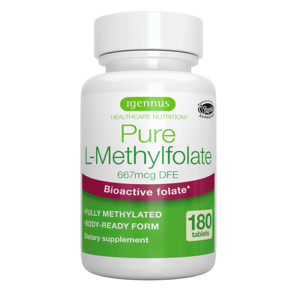 Front view of Igennus Pure Methyl Folate 400 mcg bottle with 180 tablets.