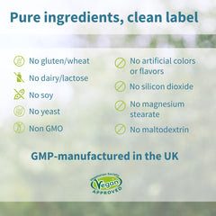 Bottle close-up emphasizing vegan and clean-label formulation.