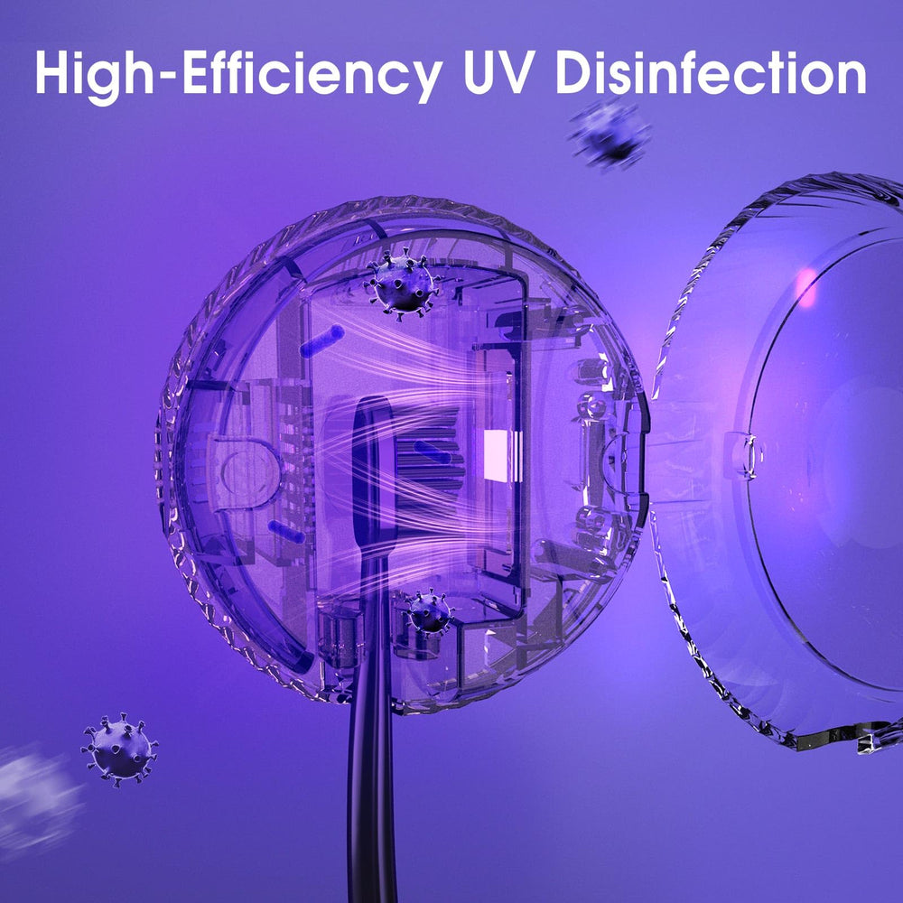 Close-up of the UV toothbrush sanitizer showing lid and dual-spectrum LEDs