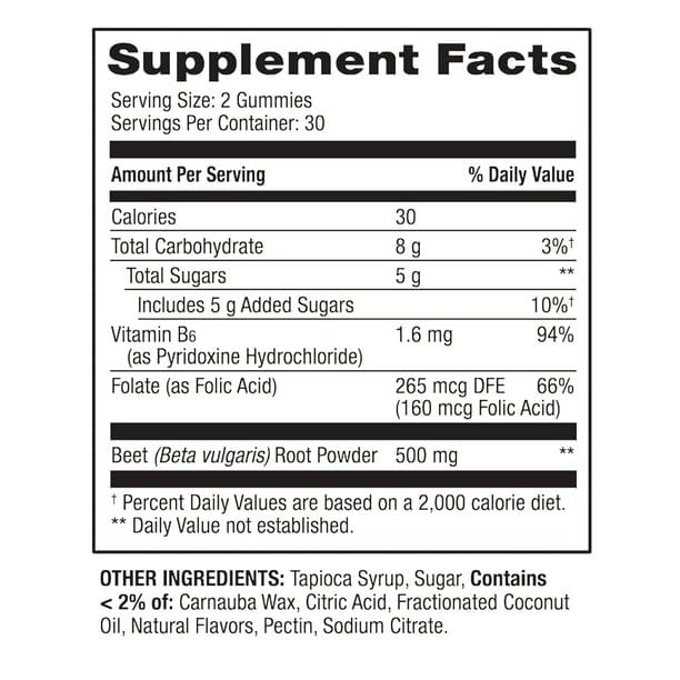 Back view showing supplement facts of IKJ Beetroot Gummies Cherry, 60 count