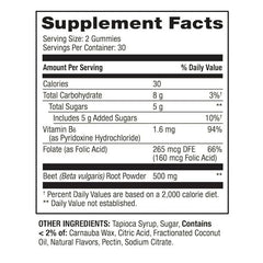 Back view showing supplement facts of IKJ Beetroot Gummies Cherry, 60 count