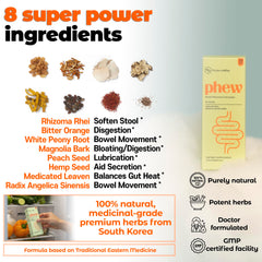 Iluna Phew herbal formula close-up highlighting natural ingredients for digestion support.