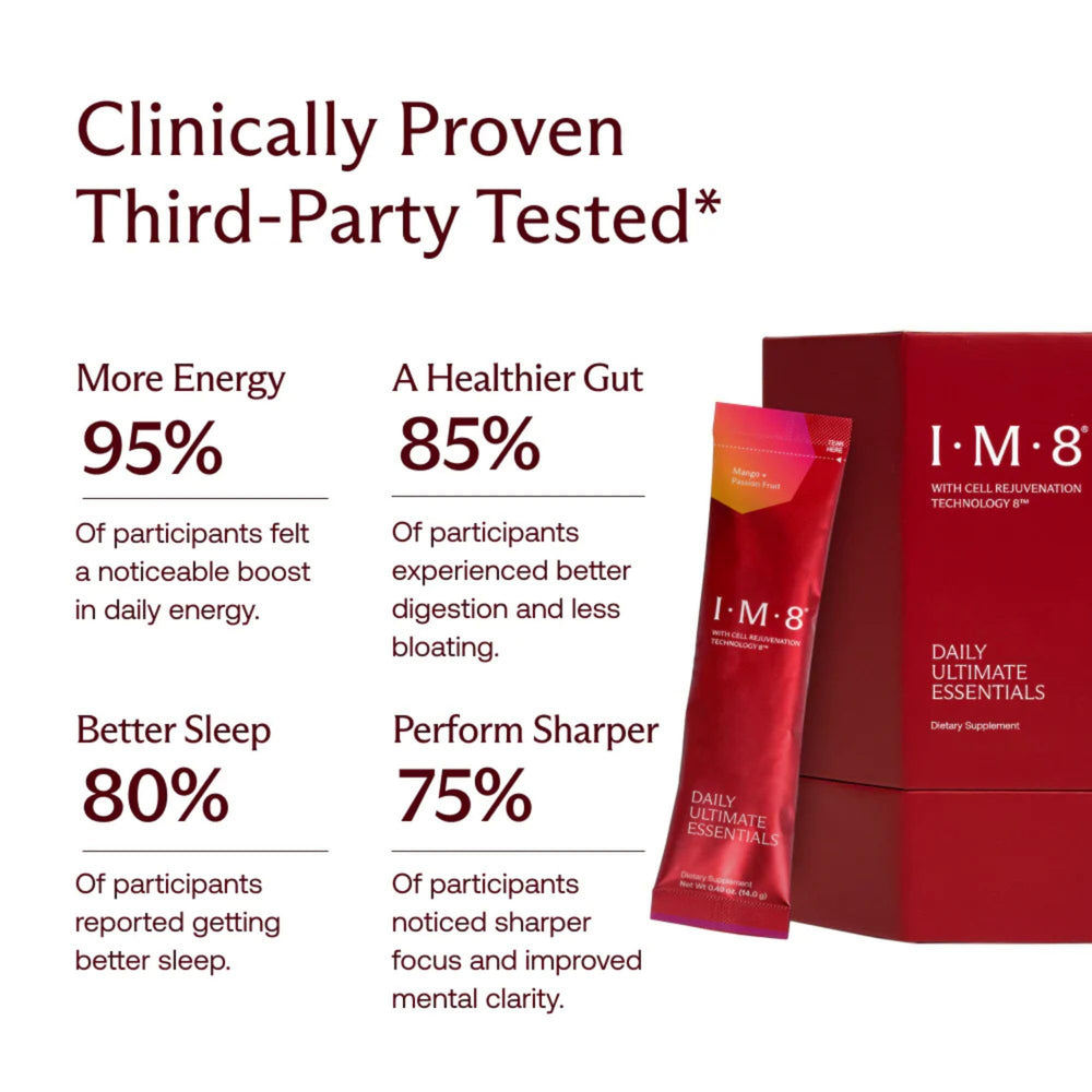 IM8 drink mix shown in a glass for quick, tasty hydration.