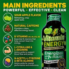 Vitamin Energy Workout+ Sour Apple Energy Shot – 260mg Caffeine, Zero Sugar, 10 Pack
