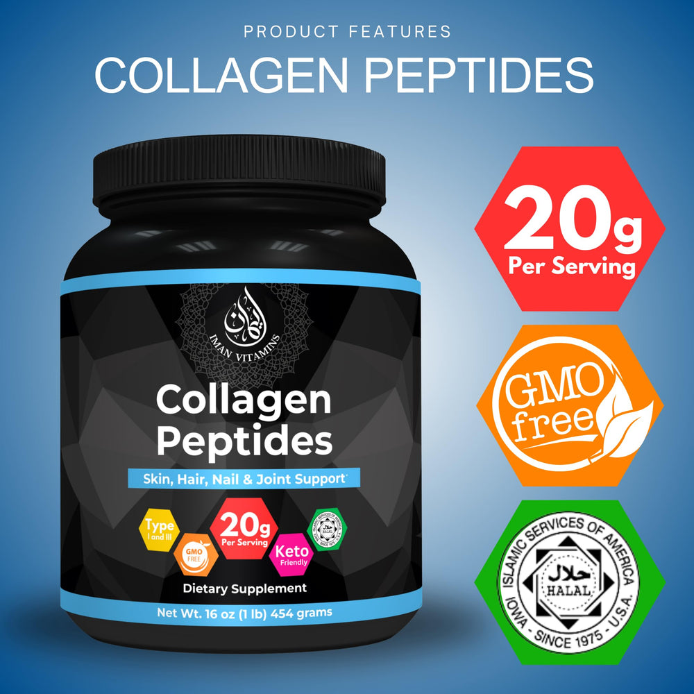 Label and packaging of Iman Halal Collagen Peptides Powder 1 lb