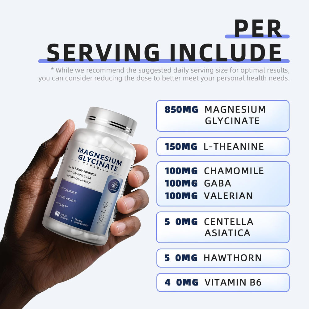 Illustration of magnesium glycinate, L-Theanine, chamomile, valerian, and GABA ingredients