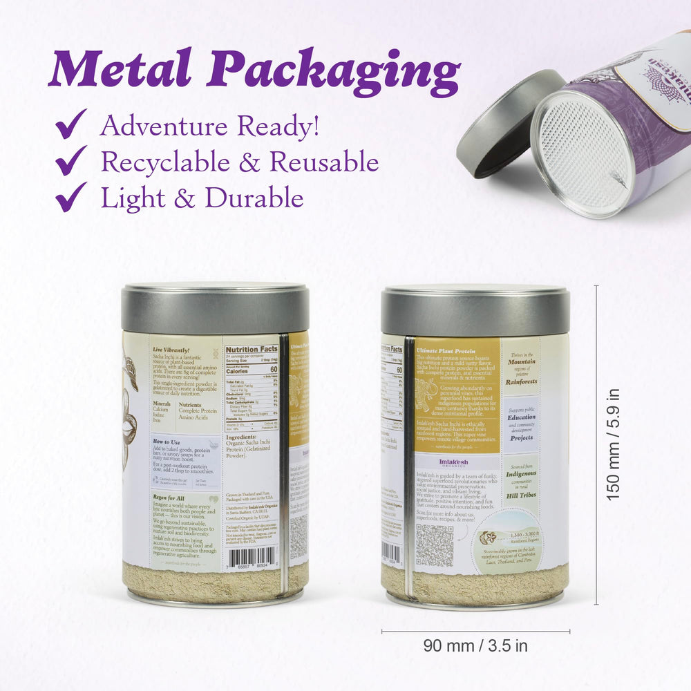 Imlak'esh Organics Sacha Inchi protein label notes vegan, gluten-free, fair trade.