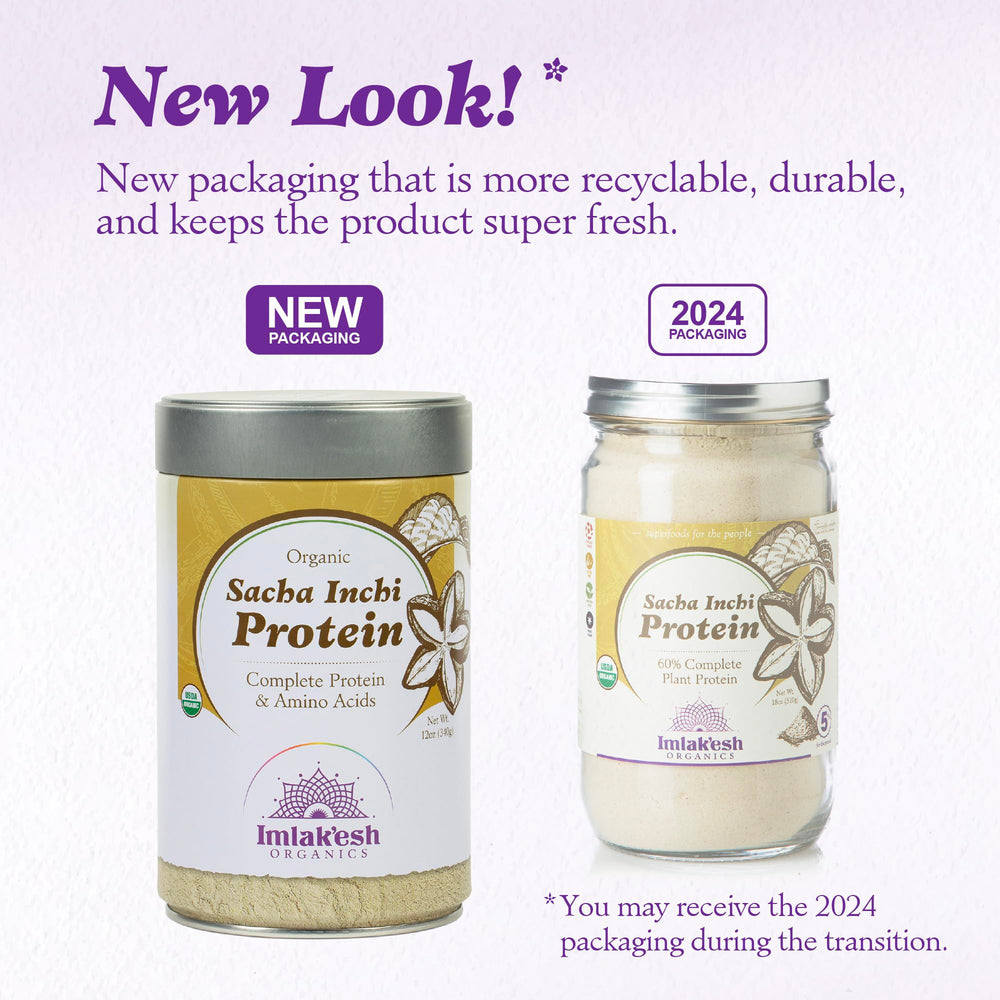 Imlak'esh Organics Sacha Inchi Protein powder ingredients label highlights 100% organic, non-GMO.