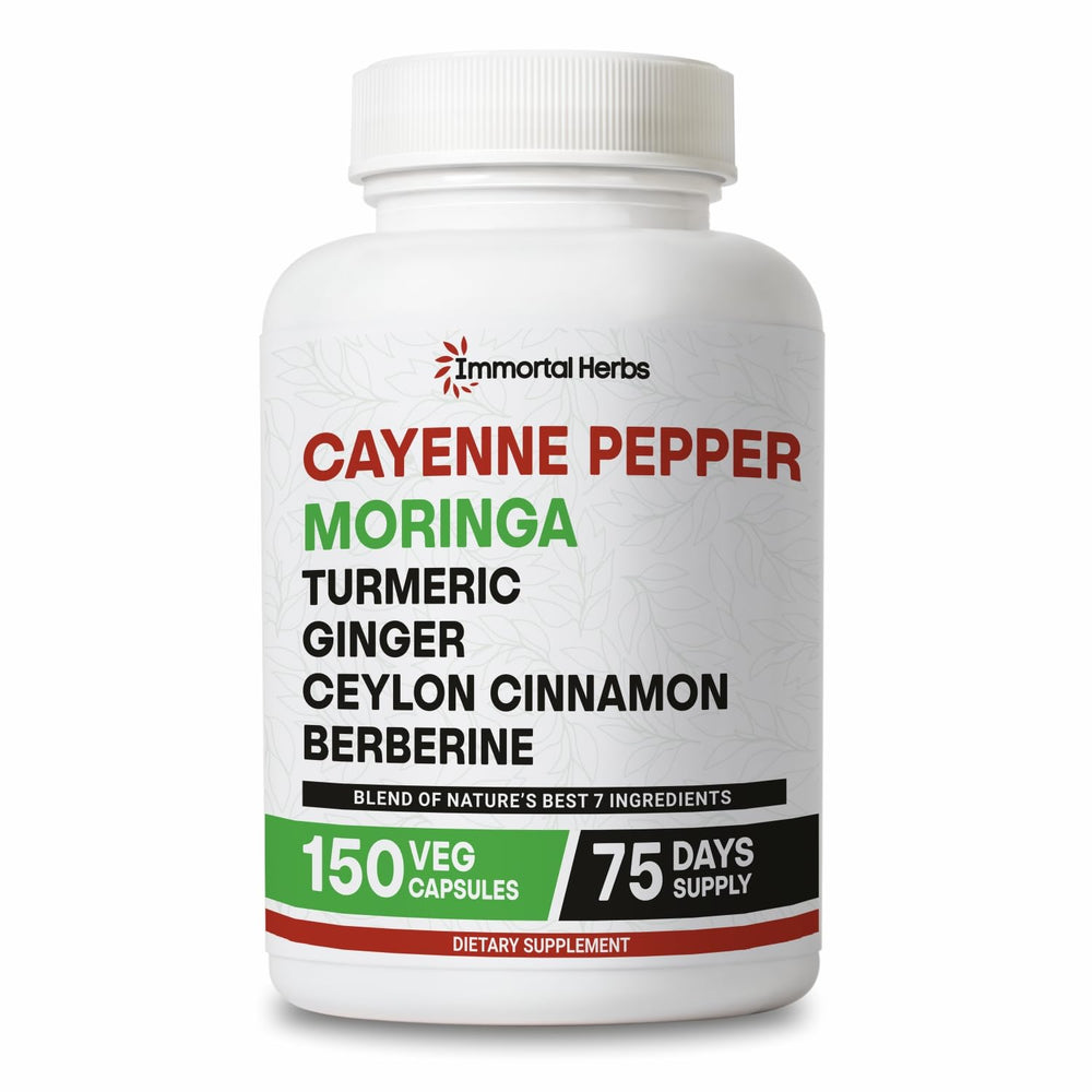 Bottle of Immortal Herbs Cayenne Pepper Moringa Turmeric Ginger Capsules