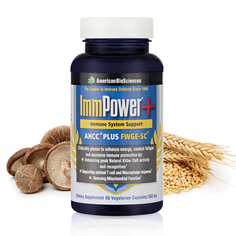 Front view of ImmPower Plus bottle with label showing AHCC and Fermented Wheat Germ Extract