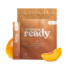 Front view of Immune Ready peach mango electrolyte packets
